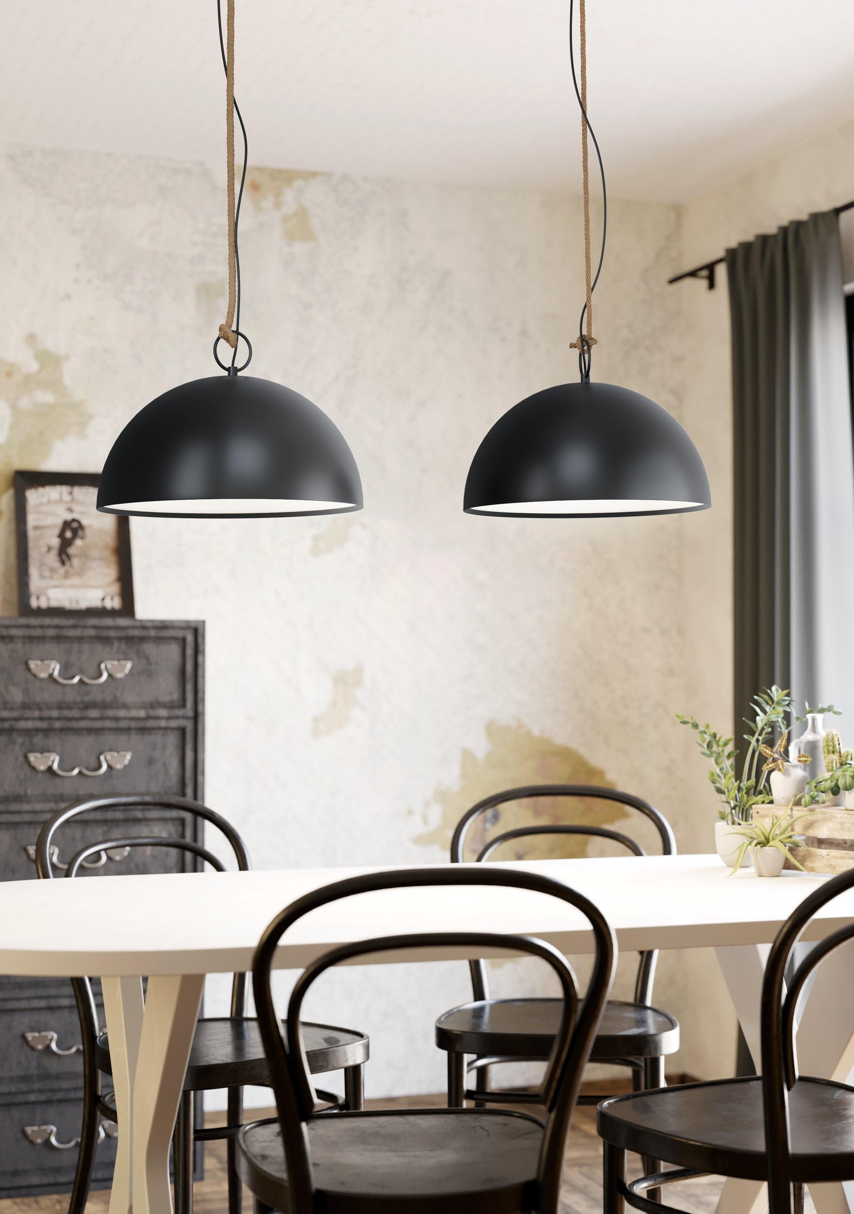 Eglo Lámpara colgante Hodsoll, 2 luces, vintage, industrial, retro, acero | madera, cuerda natural, negro, crema, marrón, para comedor y salón con casquillo E27