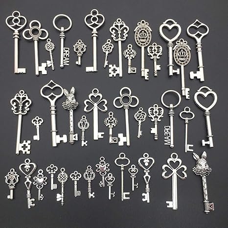 Amazon 鍵 チャーム 40個セット キーチャーム 銀古美 アンティーク レトロ カギ 鍵形 アクセサリーパーツ ペンダント ハンドメイド 手芸材料 シルバー ジュエリー 通販
