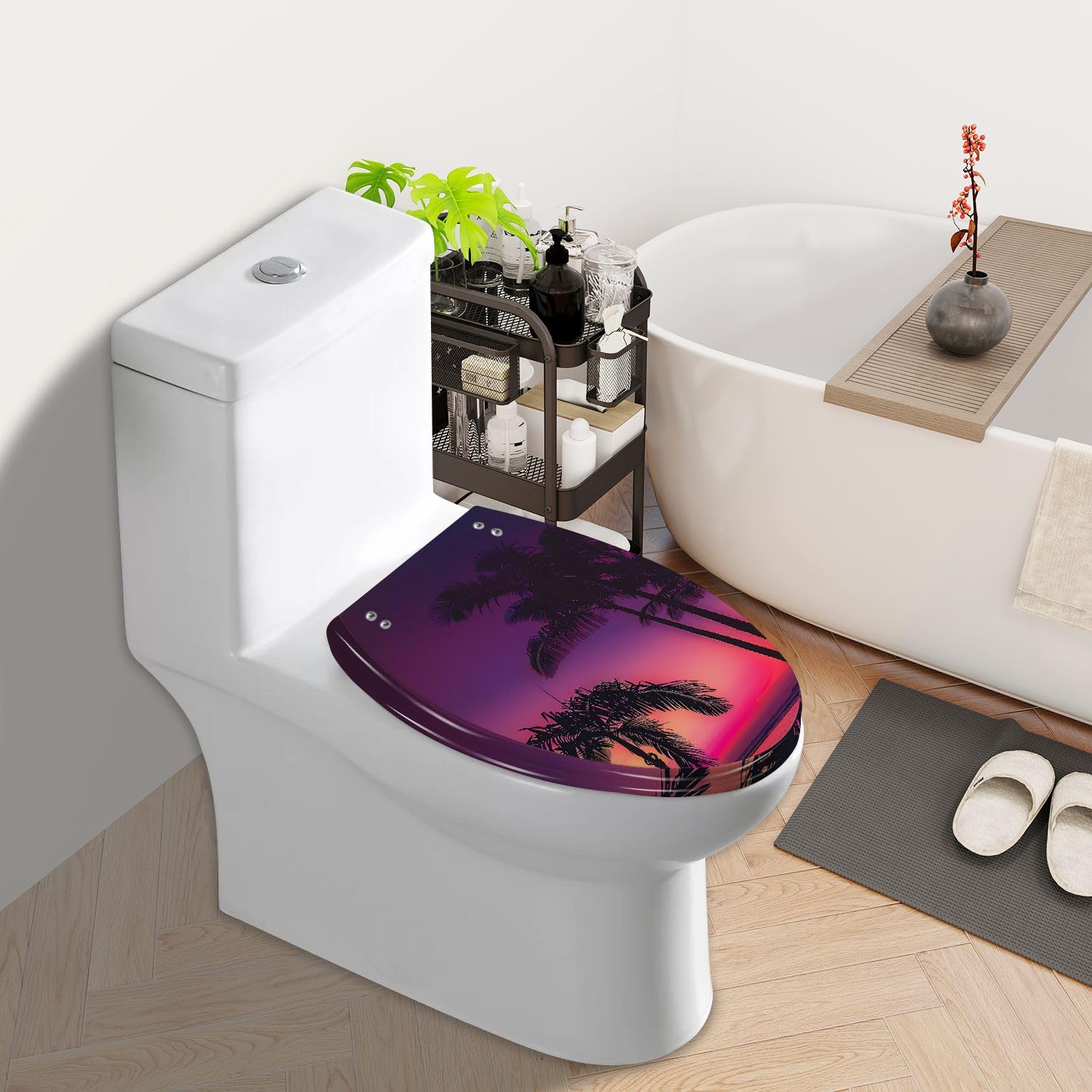 Elongated Toilet Seat Tropical Summer Night Background With Palm Trees Sunset Resin Toilet Seat Slow Quiet Close with Quick-Release Hinges Toilet Seat with Cover Easy to Clean Install