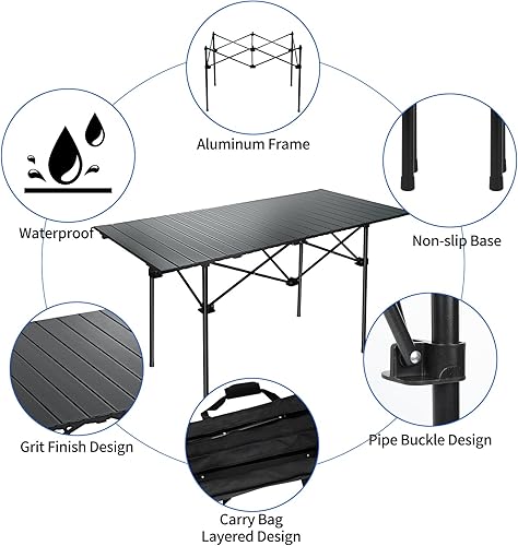 Miniatura 7 de Mesa de camping de 4.4 pies con tabla de extensión de mesa, mesas plegables de altura ajustable, mesa de parrilla portátil para exteriores,