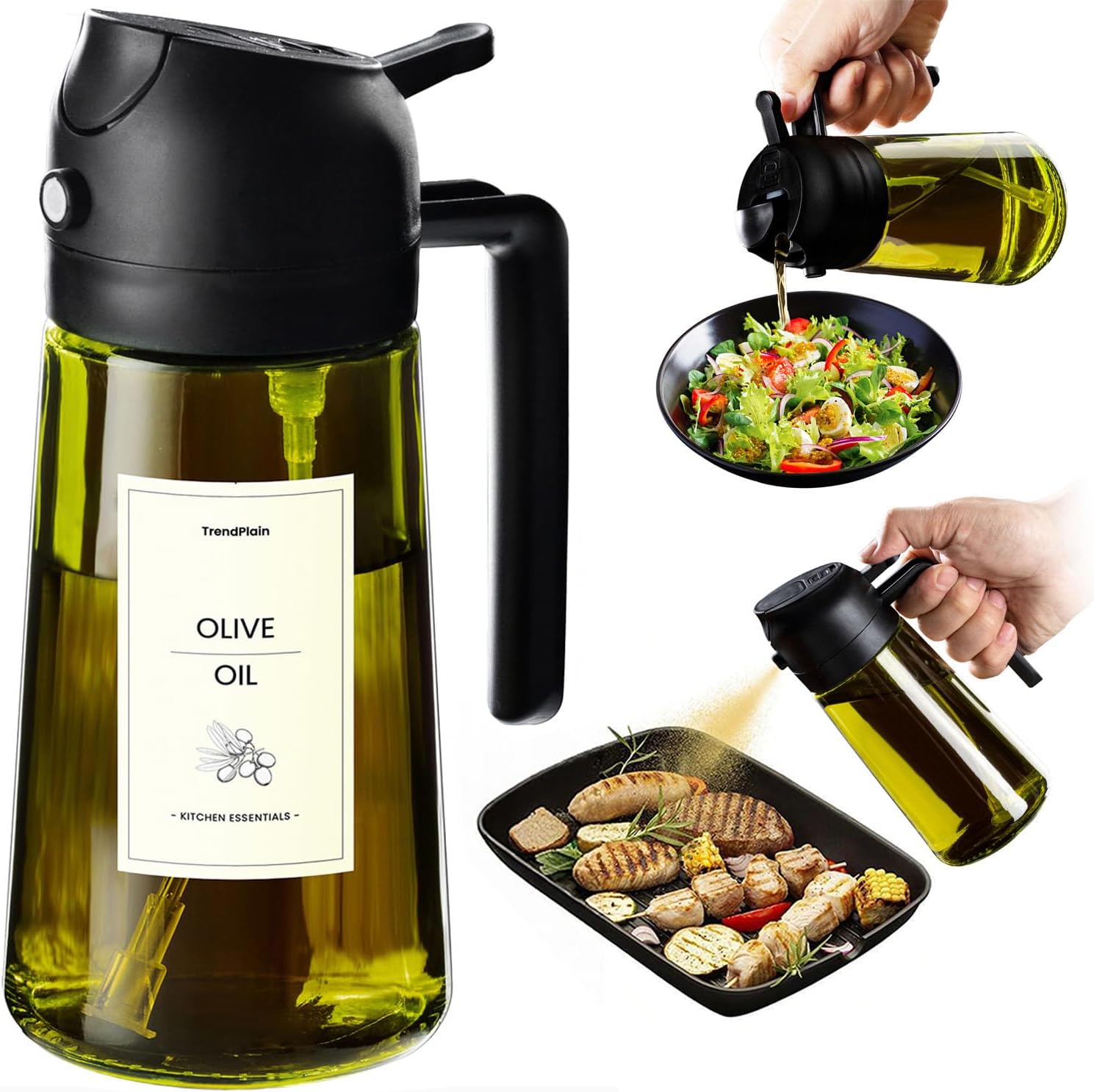 TrendPlain - Original 16oz/470ml Olive Oil Dispenser Bottle for Kitchen Gadgets and Air Fryer Accessories - Olive Oil Sprayer for Cooking w/Stickers (Light Blockage) - Black