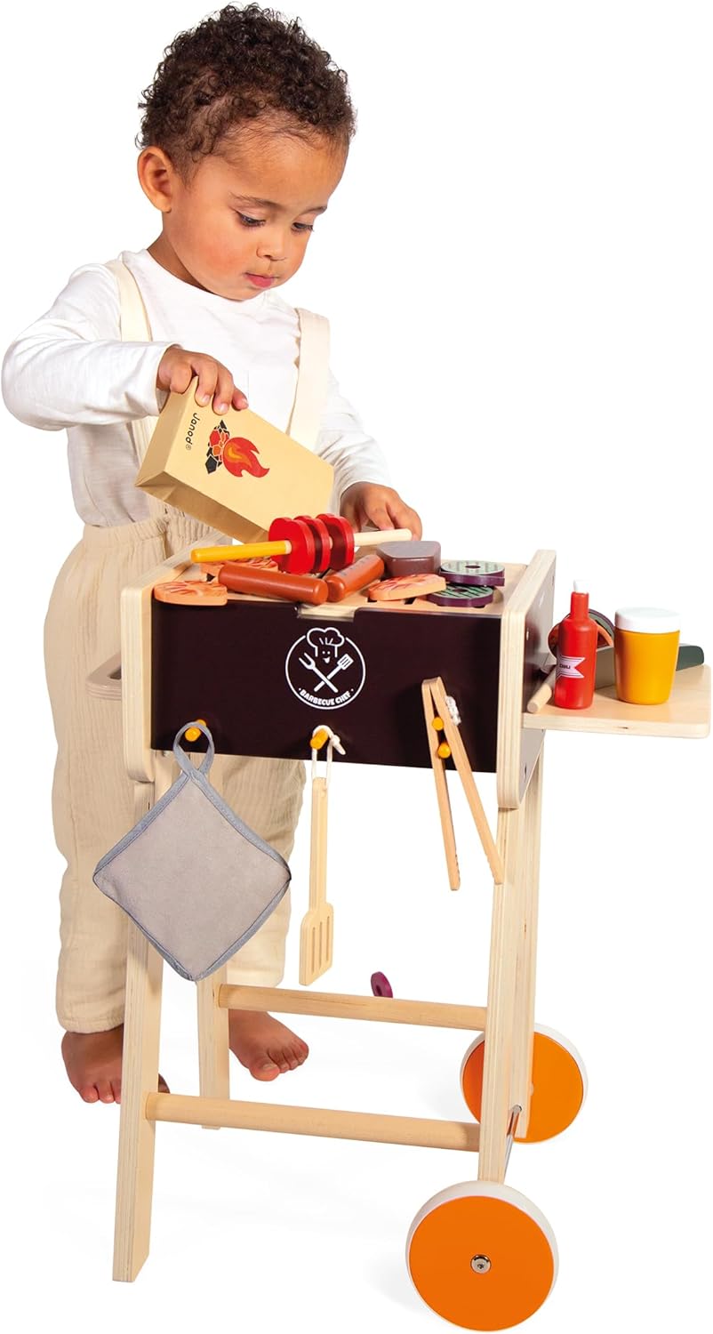 Janod - Pretend Play Wooden Barbeque Playset 20" Tall - Ages 3-6 - Pretending to Cook Meals - Realistic Grilling Experience - Over 50 Accessories Included - J06619