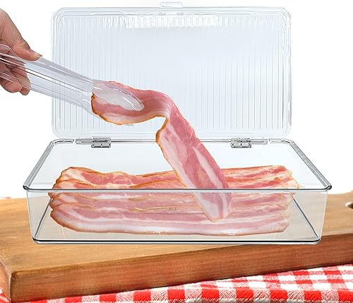 Miniatura 7 de Wensdr Recipiente de tocino con pinza para servir para refrigerador Contenedor de almacenamiento de queso con tapa Contenedor de carne de almuerzo