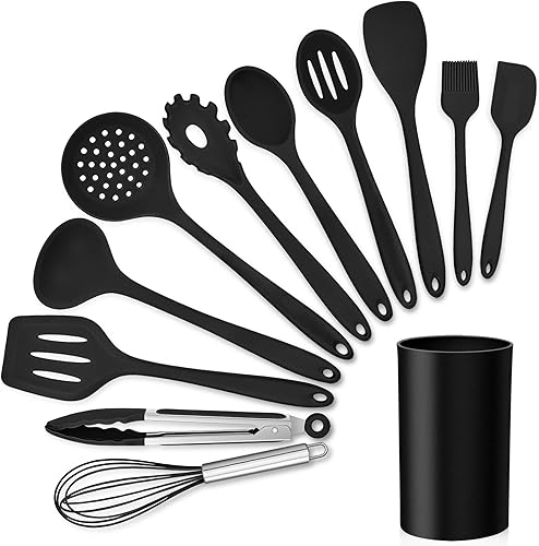 LIANYU Juego de utensilios de cocina de silicona negra de 12 piezas con soporte, herramientas de cocina que incluyen espátula ranurada, cuchara,