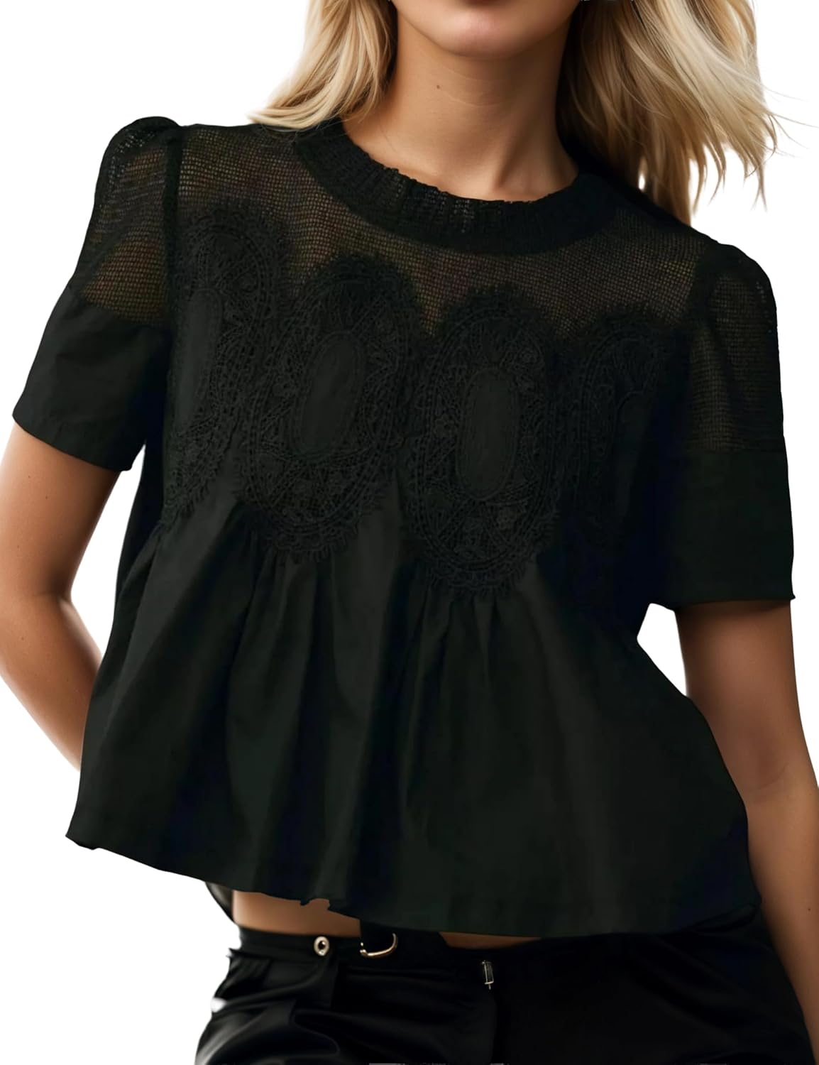 Women's Lace Short Sleeve Top Summer Boho Blouse Crew Neck Flowy Mesh Swing Top