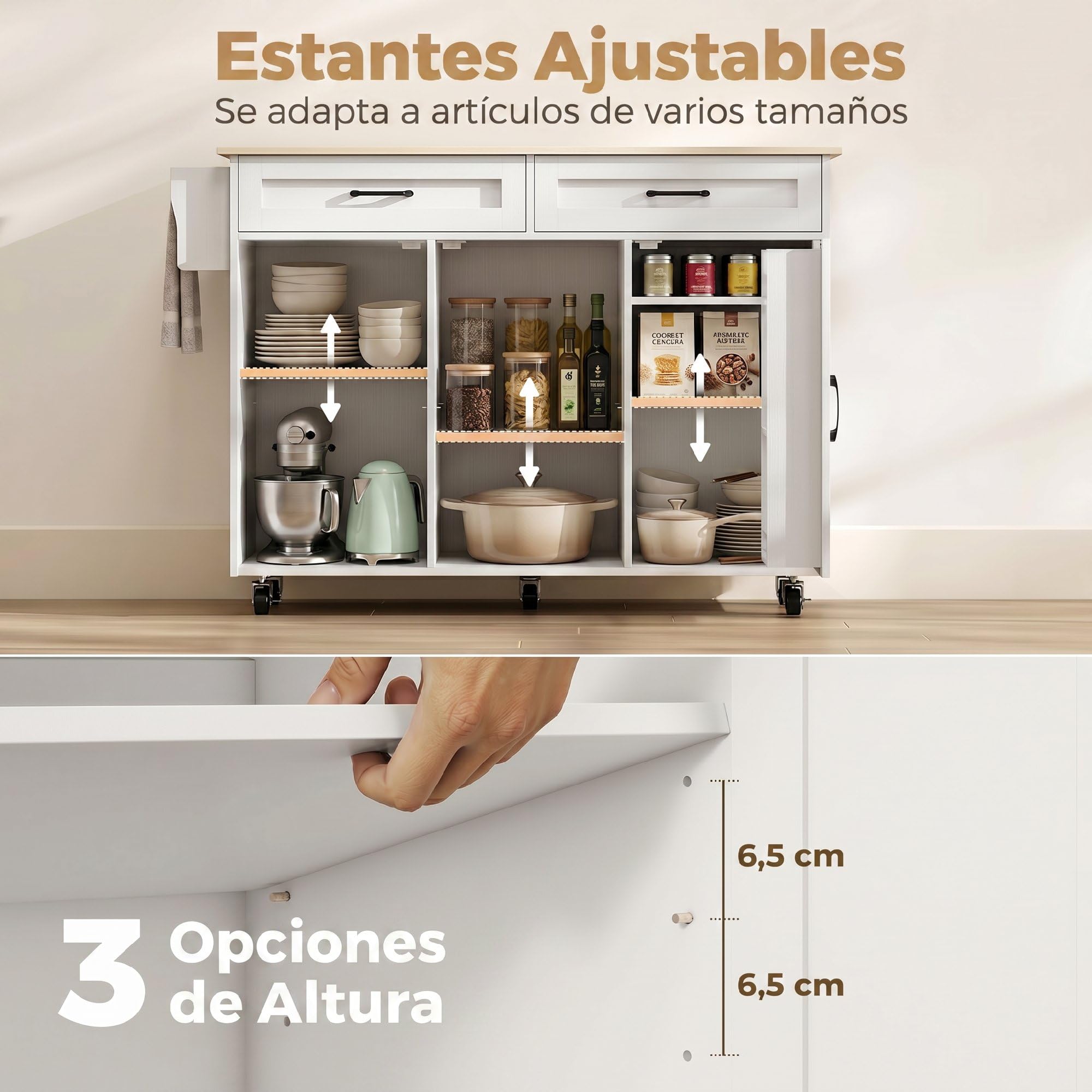 HOMCOM Isla de Cocina con Encimera Extensible, para Comedor, Blanco | Carro de Cocina con Ruedas, 2 Cajones, 3 Armarios, Estantes en la Puerta, Toallero, Estantes Ajustables