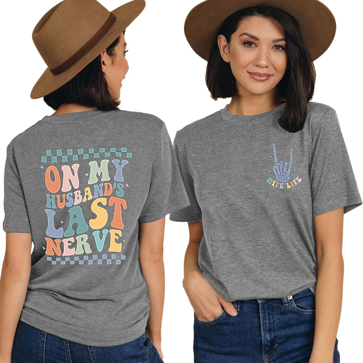 Women On My Husbands Last Nerve Shirt Funny Wife Life Skull Hand T Shirt Letter Short Sleeve Vacation Tops - Image 2