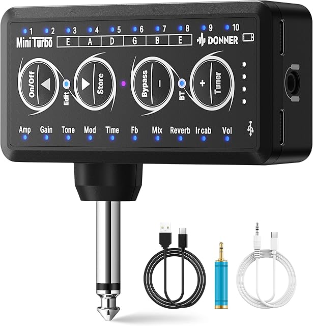 Donner Guitar Headphone Amp, Mini Turbo Headphone Amplifier Guitar, 10 Amp Models with Tuner, Inlay Multi Effects Delay Reverb Chorus Overdrive, USB Export