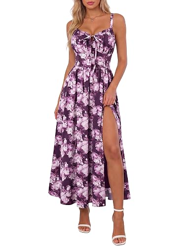 Scarlet Darkness Wedding Guest Dresses for Women Floral Corset Sundress | V Neck, Slit, with Pockets, for Summer, Tea Party, Graduation, Casual - XX-Large - Purple Ombre