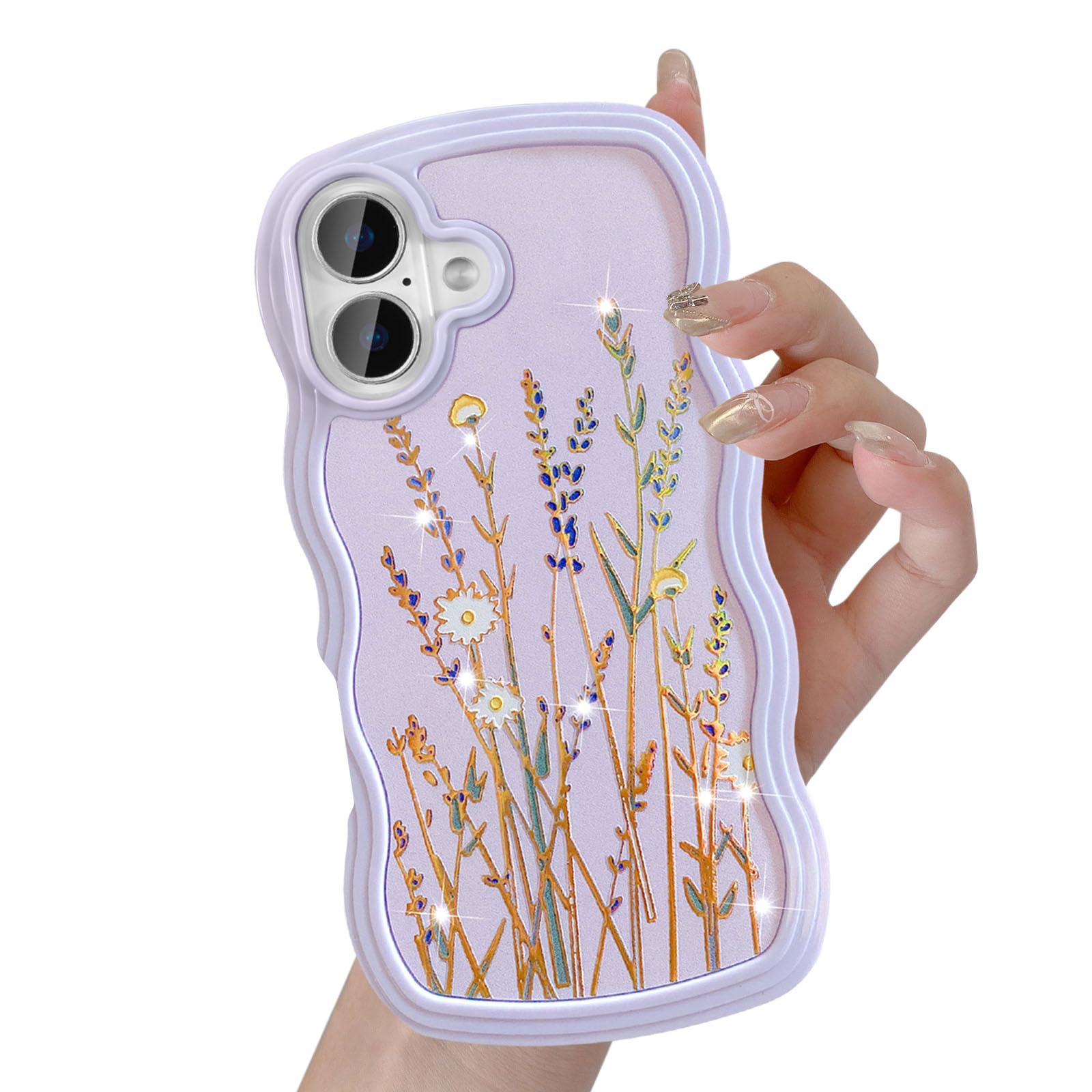 UEEBAI for iPhone 16 Case, Floral Wave Frame Cute Curly Anti-slip Flower Case with Aesthetic Pattern
