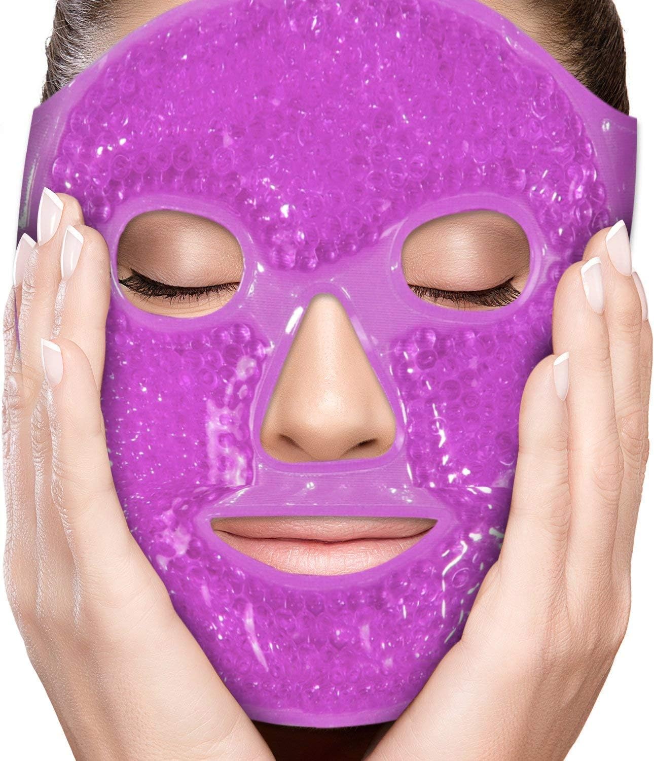 (Purple) - Facial Mask - Get Rid of Puffy Eyes - Migraine Relief, Sleeping, Travel Therapeutic Hot Cold Compress Pack - Gel Beads, Spa Therapy Wrap for Sinus Pressure Face Puffiness Heada...