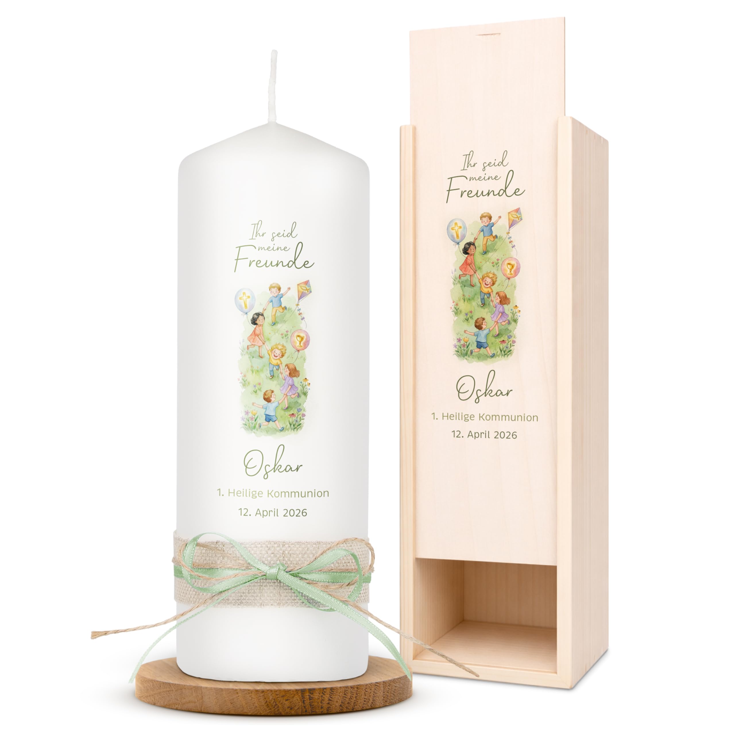 AMARI ® Kommunionkerze personalisiert "Herzensfreunde" H:20cm/⌀:7cm - Personalisierte Kommunionkerze für Jungen & Mädchen – Kerze zur Kommunion selbst gestalten