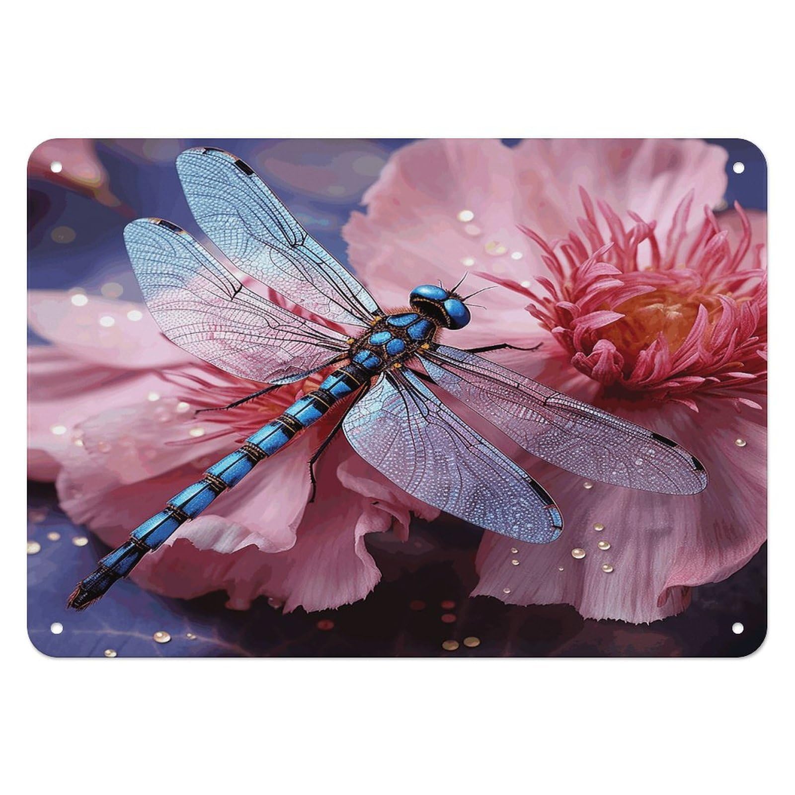 Fekiloot Style Pink Flower And Blue Dragonfly Wall Decor Iron Painting Metal Sign