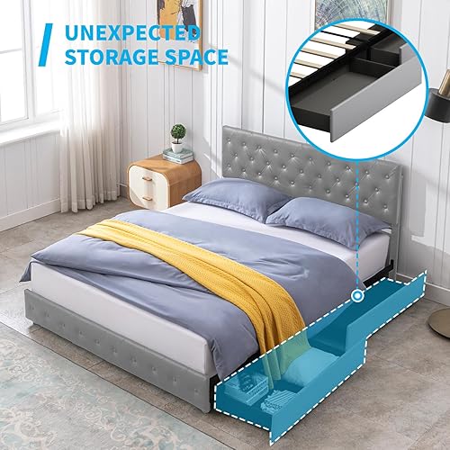 Miniatura 4 de Mjkone Base de cama tapizada de plataforma matrimonial con 4 cajones de almacenamiento, marco de cama moderno de piel sintética con cabecera