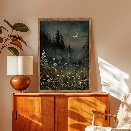 Miniatura 8 de Arte de pared vintage de bosque iluminado por la luna, luna creciente, flores silvestres, lienzo gótico, impresiones de paisaje, estética, cuadros