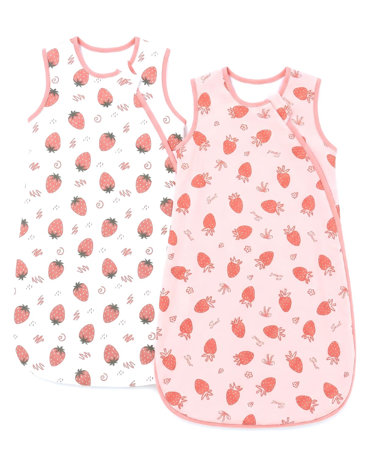 JiAmy 1.5 TOG Baby Sleeping Bag 2 Pack, Double Layer with 50g Quilted Padding, Cotton Sleep Sack Wearable Blanket Pink Strawberry 18-24 Months