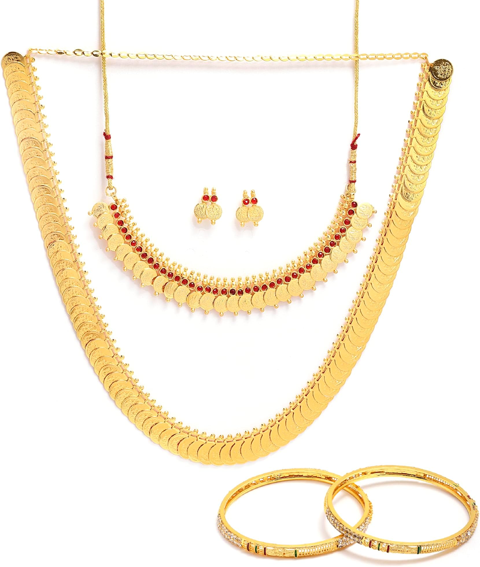 ZENEMEGold Plated and Bangles & Maharani Temple Coin Necklace Set for Women & Girls