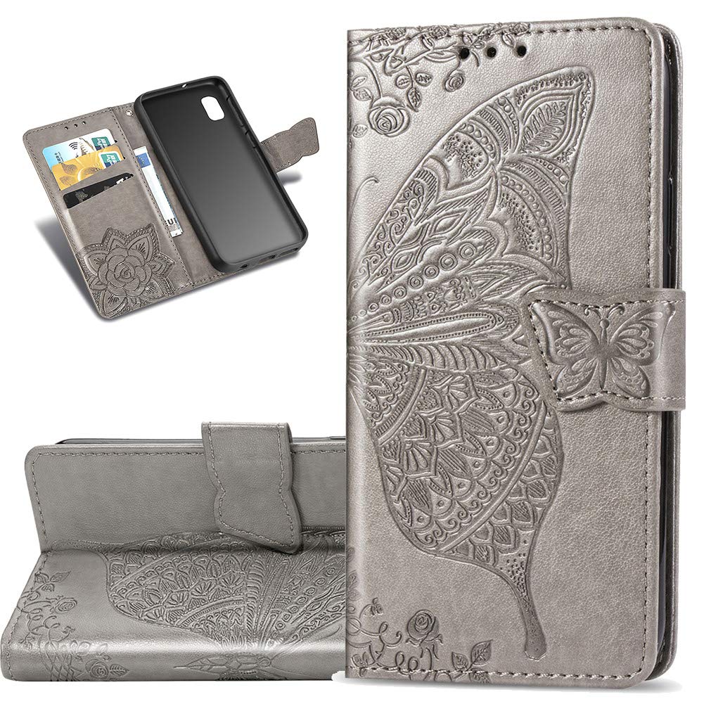 COTDINFORCA Case for Samsung Galaxy A10E, Galaxy A10E Case Embossed Butterfly Flip Card Set Cash Leather Wallet Case PU Body Case Cover for Samsung Galaxy A10E SD Flower Butterfly - Gray
