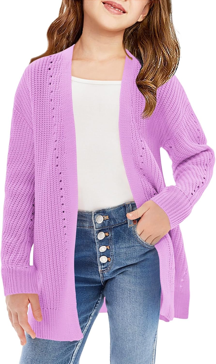 Haloumoning Girls Open Front Cardigan Sweaters Kids Fall Fashion Side Slit Outerwear 5-14 Years