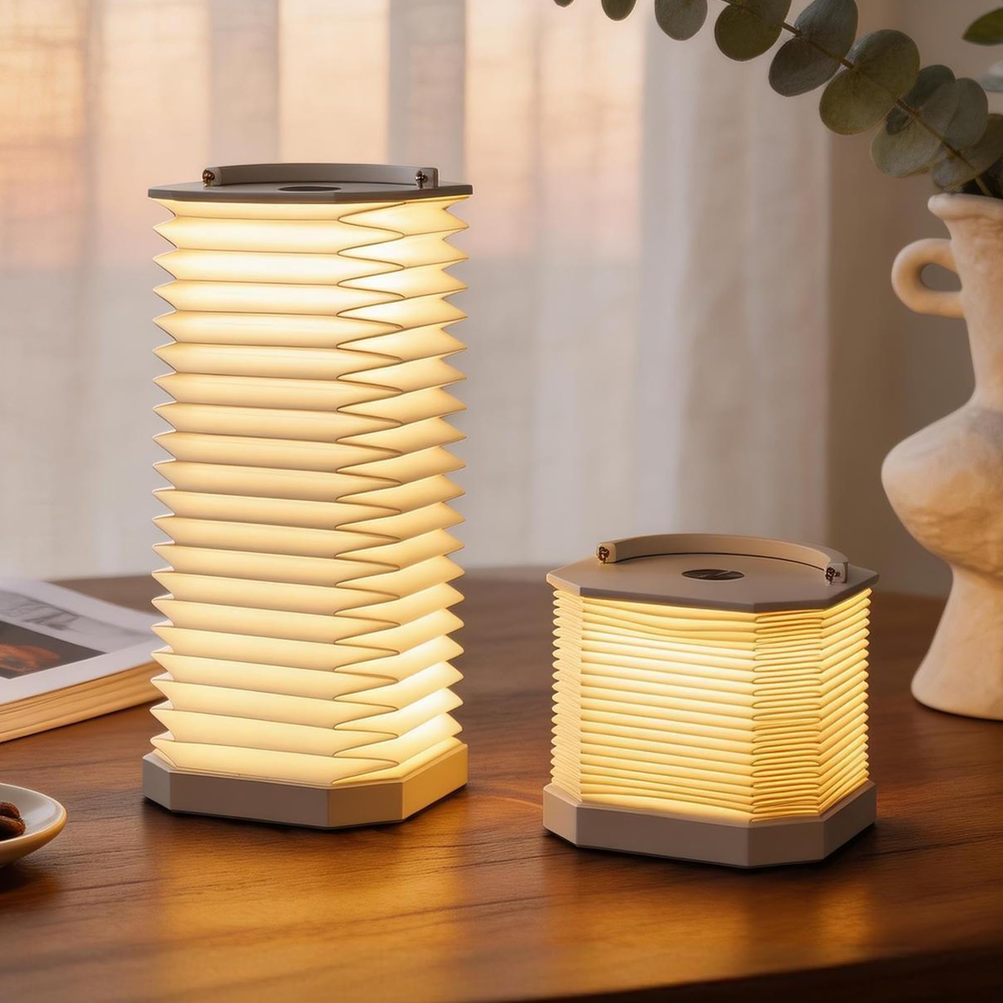 Ba suns Portable Accordion Paper Lamp, Japanese Lantern Style Night Light, USB Powered Dimmable Desk Lamp with 1200mAh Battery, Orange and White, for Bedroom, Office(White)