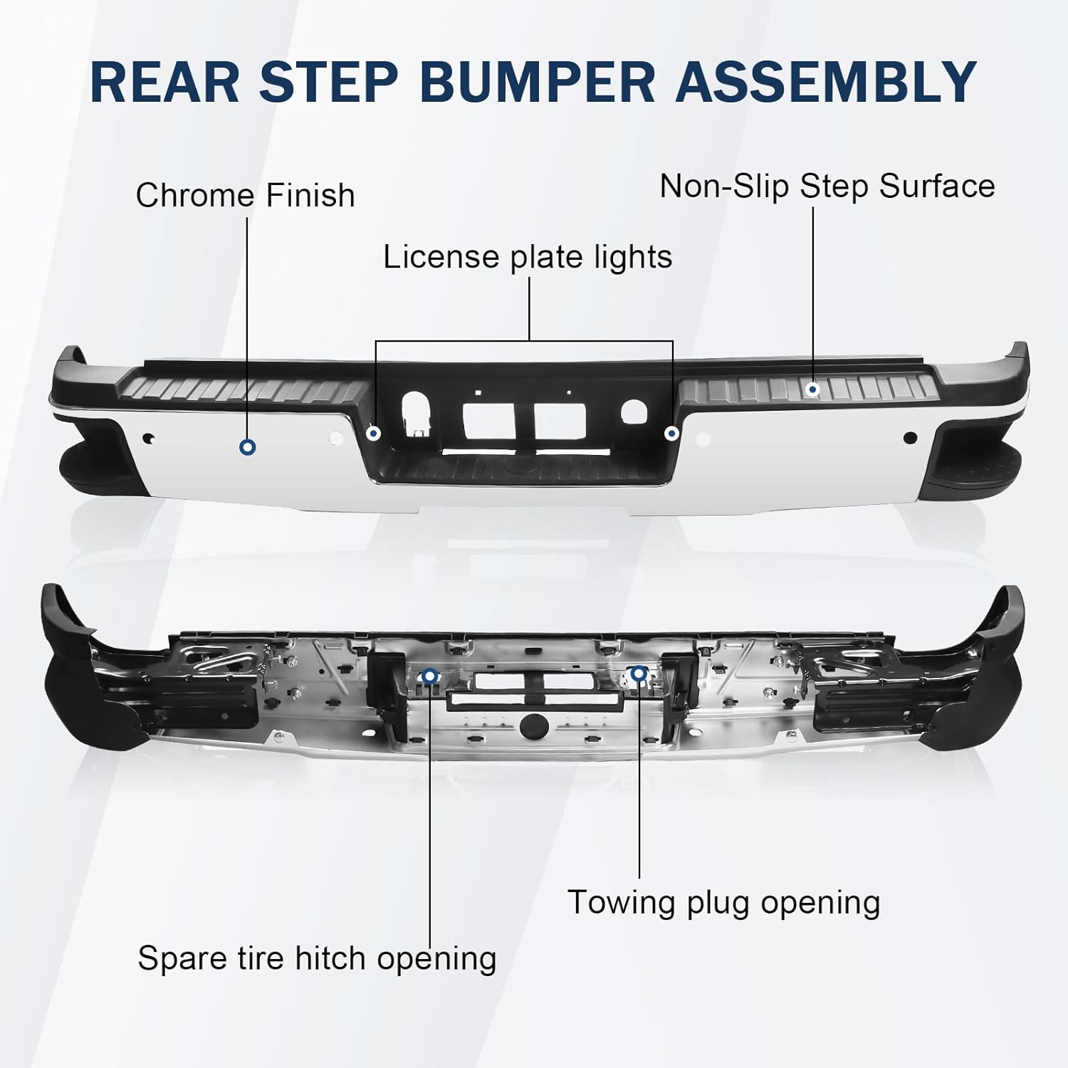 DICMIC Rear Step Bumper Assembly w/Parking Aid Sensor Hole Compatible with 2014-2018 Chevrolet Silverado 1500 GMC Sierra 1500 Replace# GM1103175, Chrome
