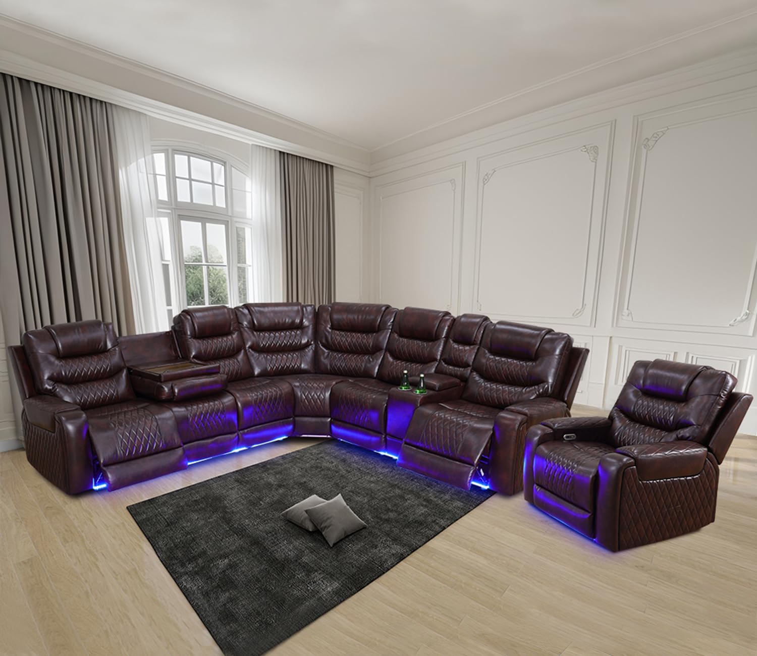 Power Recliner Sectional Sofa for Living Room,Leather Reclining Corner Sectional Couch Set with Double Recliner Seats,Cup Holder,Storage Console for Home Theater Seating,Beige