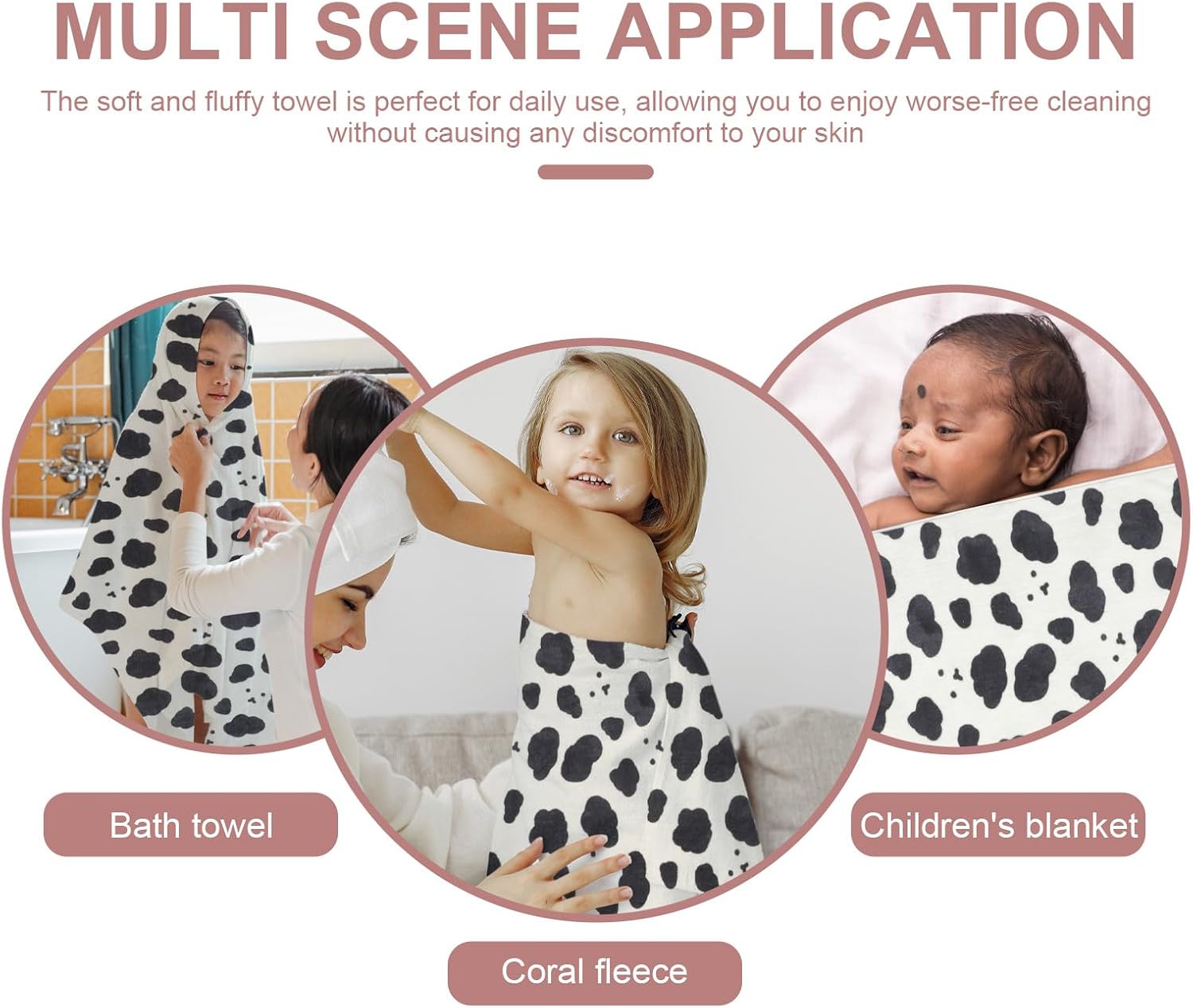 Housoutil Coral Fleece Bath Towel Set with Cow Print Extra Thick Soft Bath Towels for Boys for Home Bathroom Use