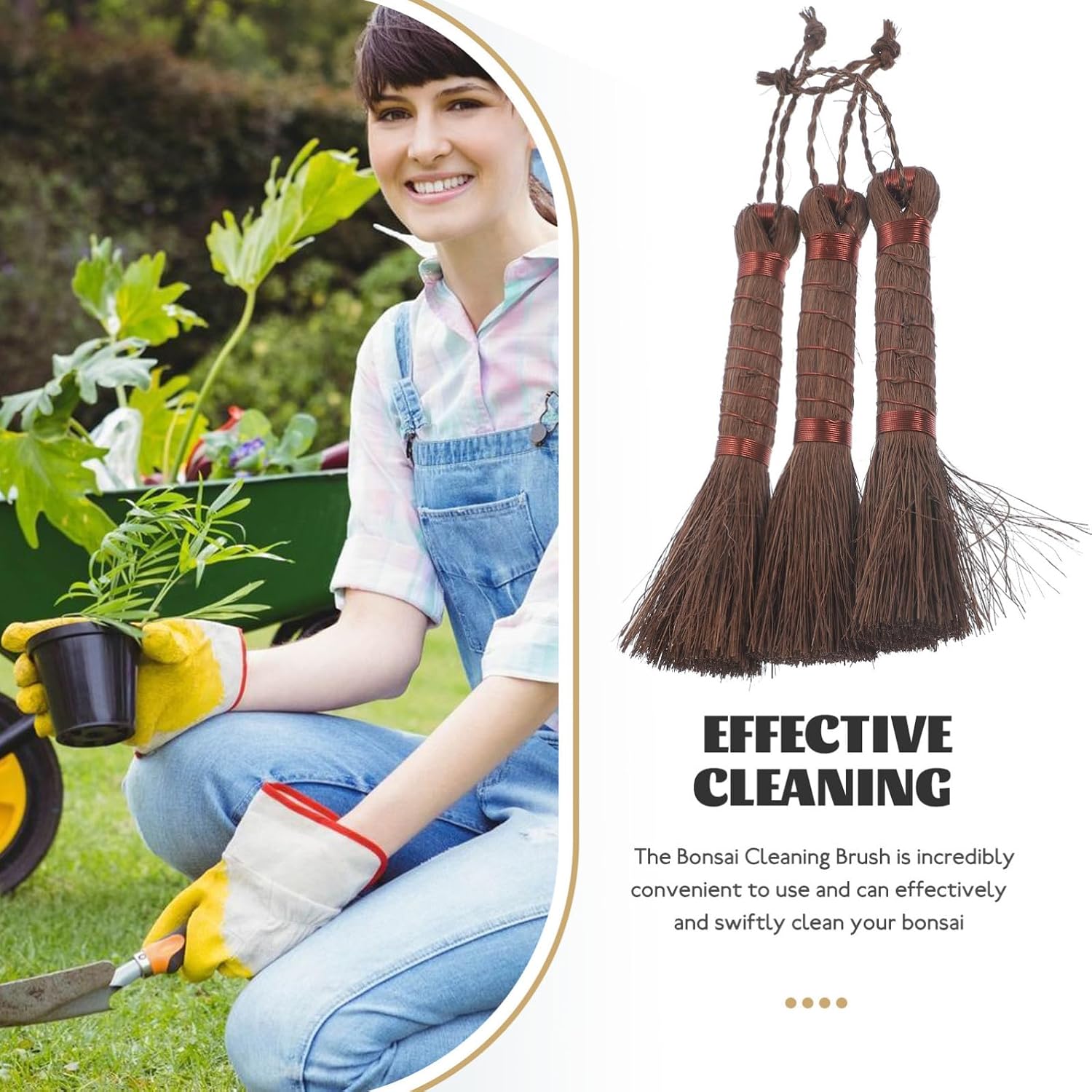 HEMOTON 3pcs Palm Fiber Hand Broom Set for Garden and Flowerpot Cleaning, Natural Straw Brush for Bonsai and Potted Plant Maintenance