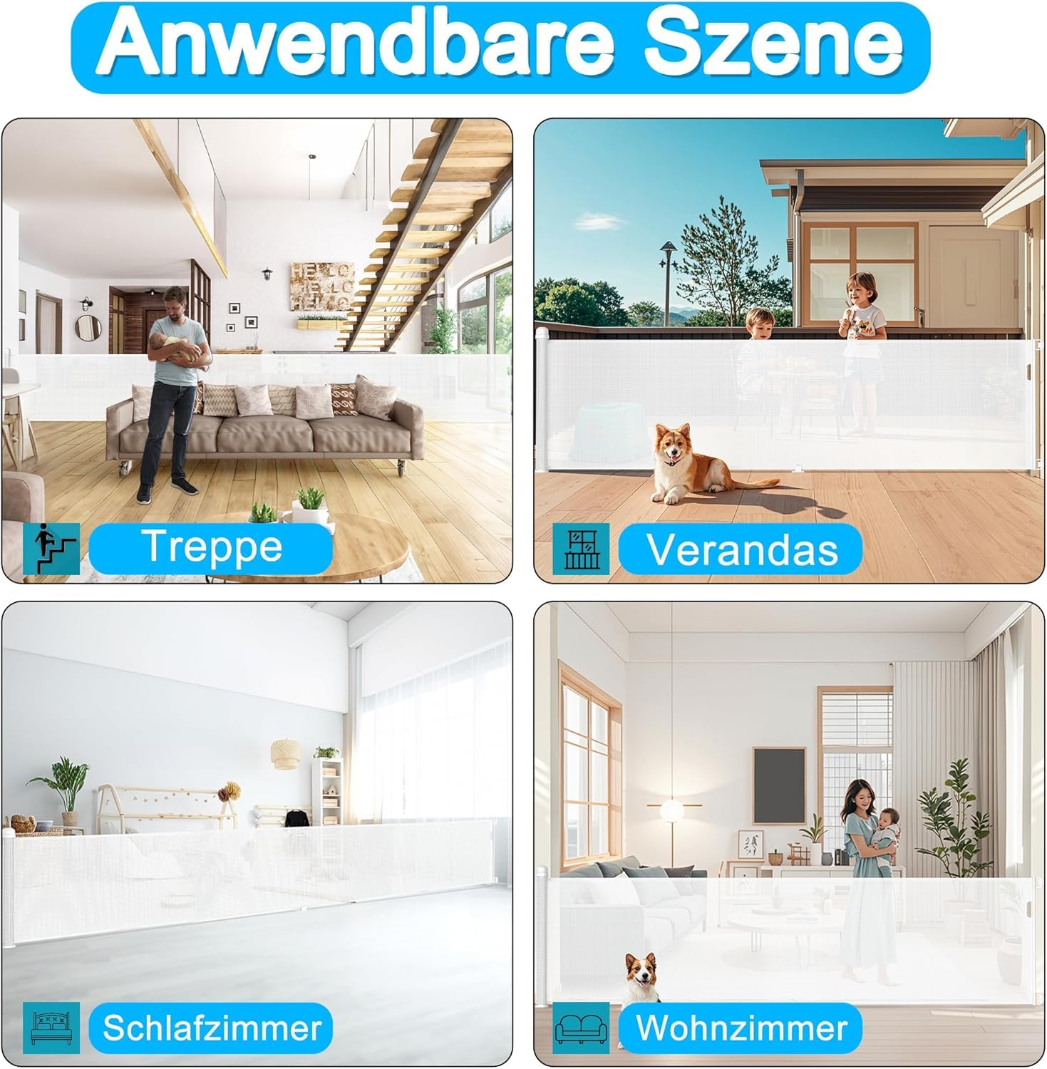 Aufun Barrière de protection d'escalier, extensible, de 0 à 300 cm, pour porte de bébé, pour chats et chiens, cloison de sécurité, pour l'intérieur et l'extérieur, blanche