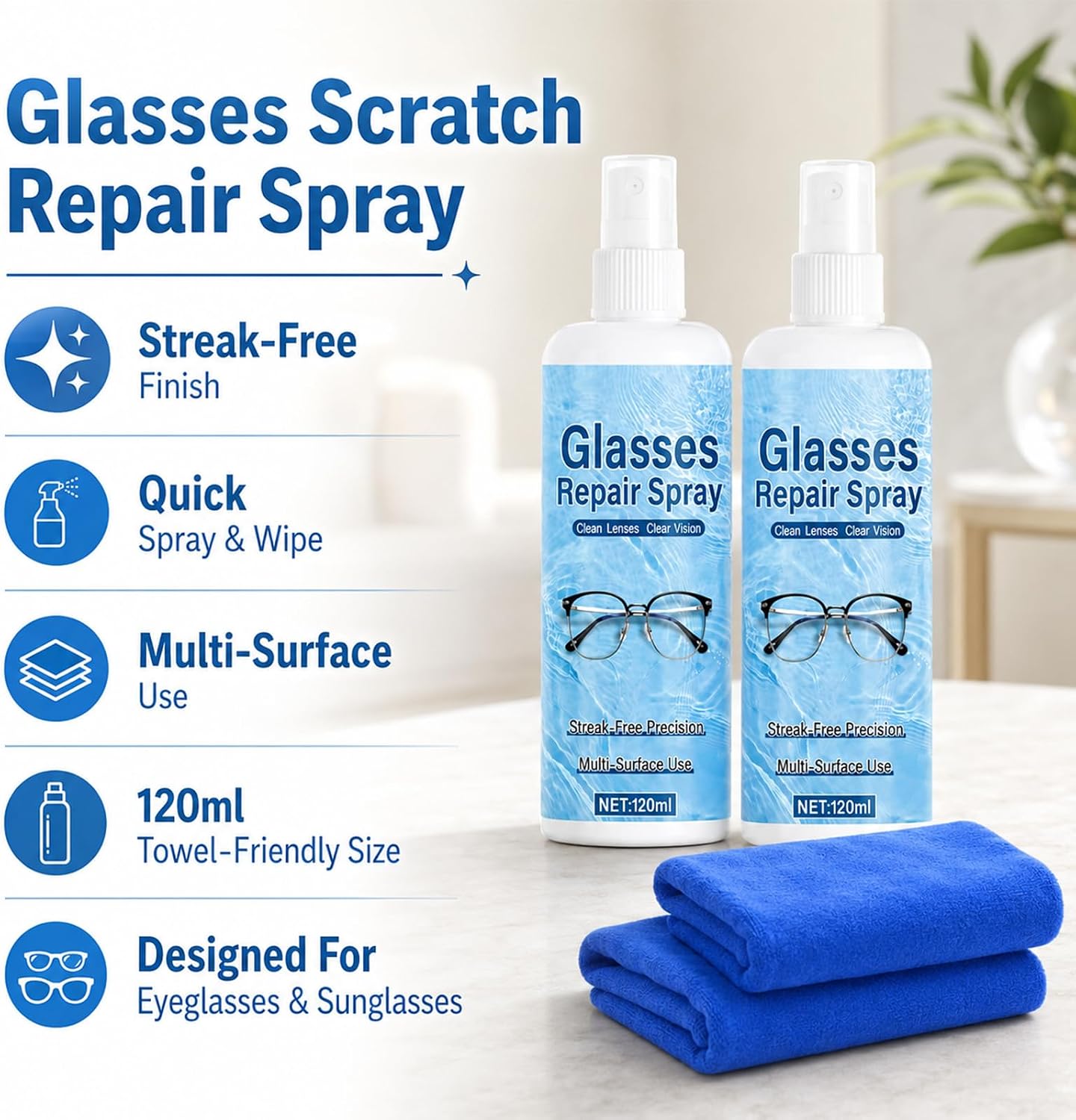 Glasses Scratch Repair Spray - Glass Scratch Remover for Eyeglasses, Sunglasses, Camera Lens & Phone Screens, 120ml Portable Lens Cleaning & Restoration Liquid for Clearer Vision (2PCS)