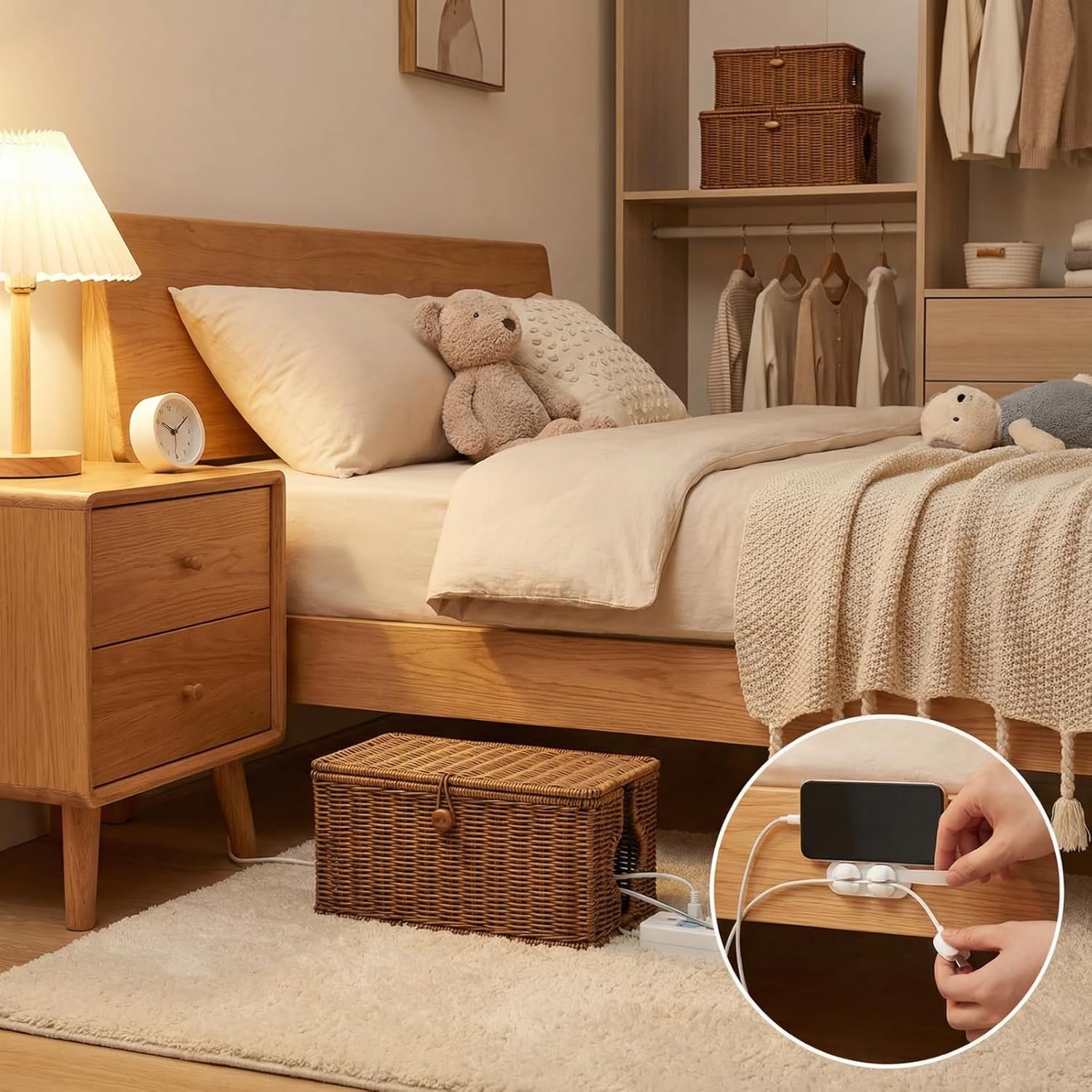 Wicker Cable Management Box, 2 Pack Large & Small Cable Organizer Box, Faux Rattan Hand-Woven Desk Organizer with 10 Cord Clips and 10 Ties, for Home Office and Charging Station