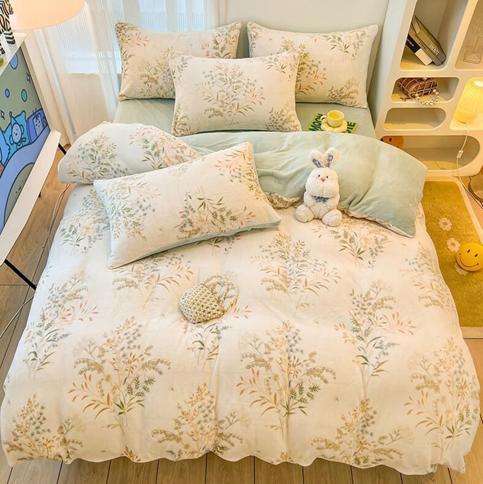 4-częściowy zestaw pościeli na łóżko 180 cm, poszwa na kołdrę 200 x 230 cm, prześcieradło z gumką 180 x 200 cm, 2 poszewki na poduszki, wzór pszenicy, miękki aksamit, beżowo-zielony