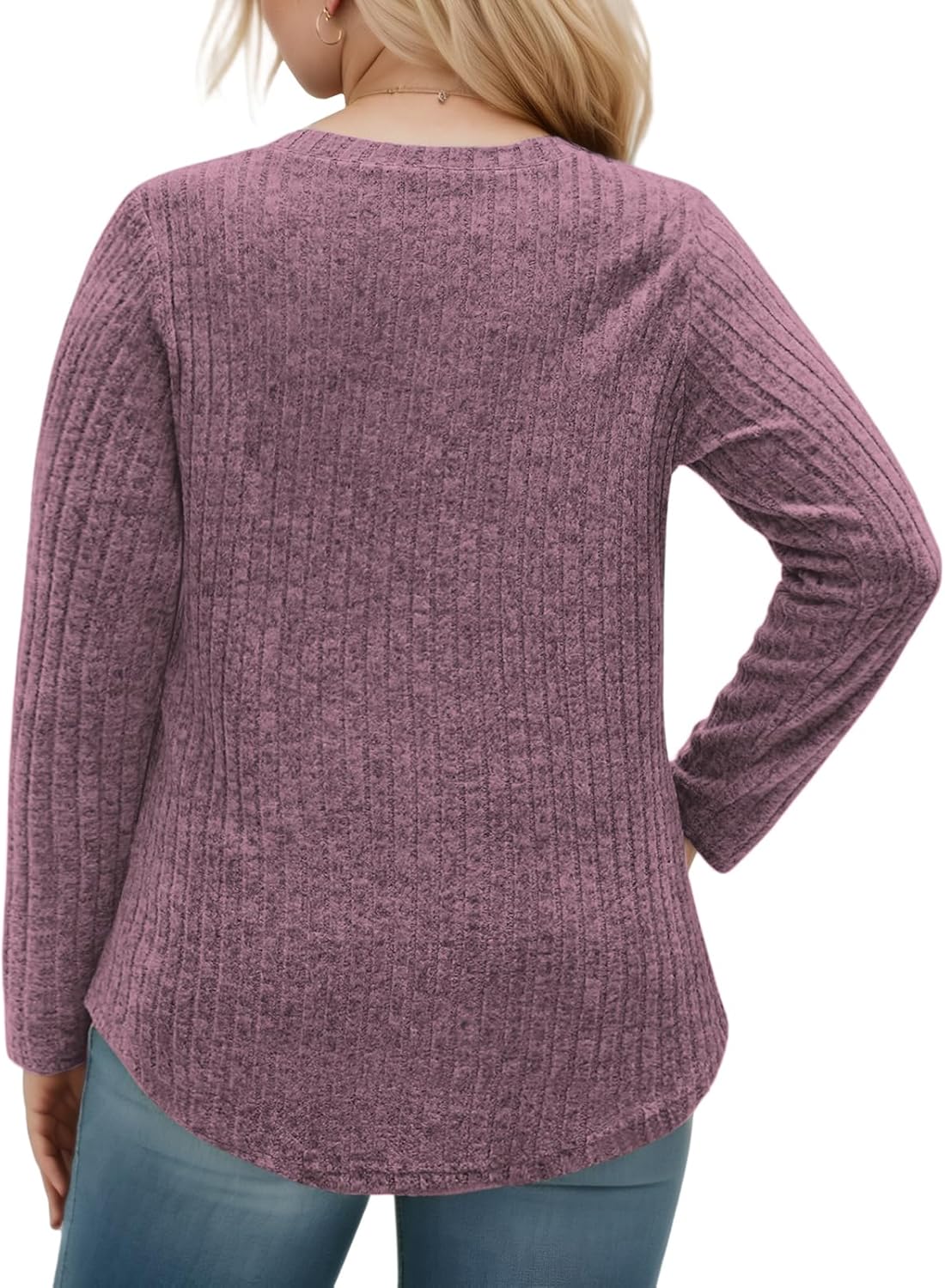 VOGRACE Womens Sweaters Plus Size Dressy Long Sleeve Shirts Oversized V Neck Sweaters Fall Casual Tees 1X Wine Red - Image 3