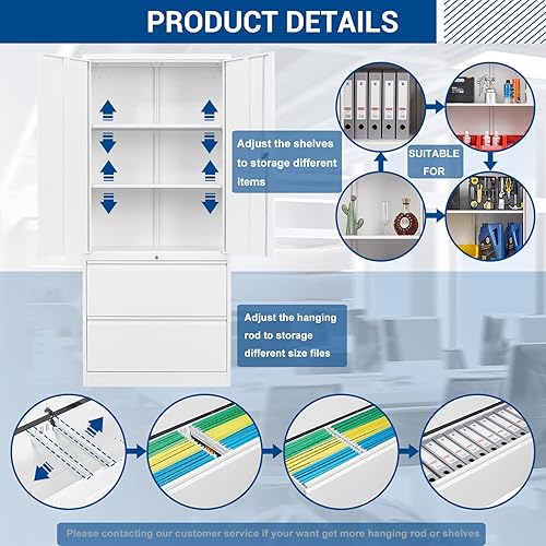 Vista 22 de Archivador lateral de 3 cajones con cajón y puerta con cerradura, archivador grande de acero para oficina en casa, archivos colgantes tamaño Negro