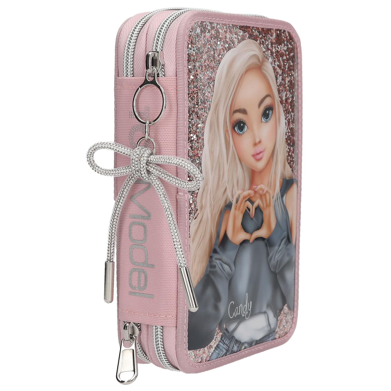 Depesche 13293 TOPModel My BFF - Gefüllte 2-Fach Federtasche in Rosa, mit Model Motiv und Glitzer, Federmappe mit Buntstiften, Lineal, Klebestift uvm.