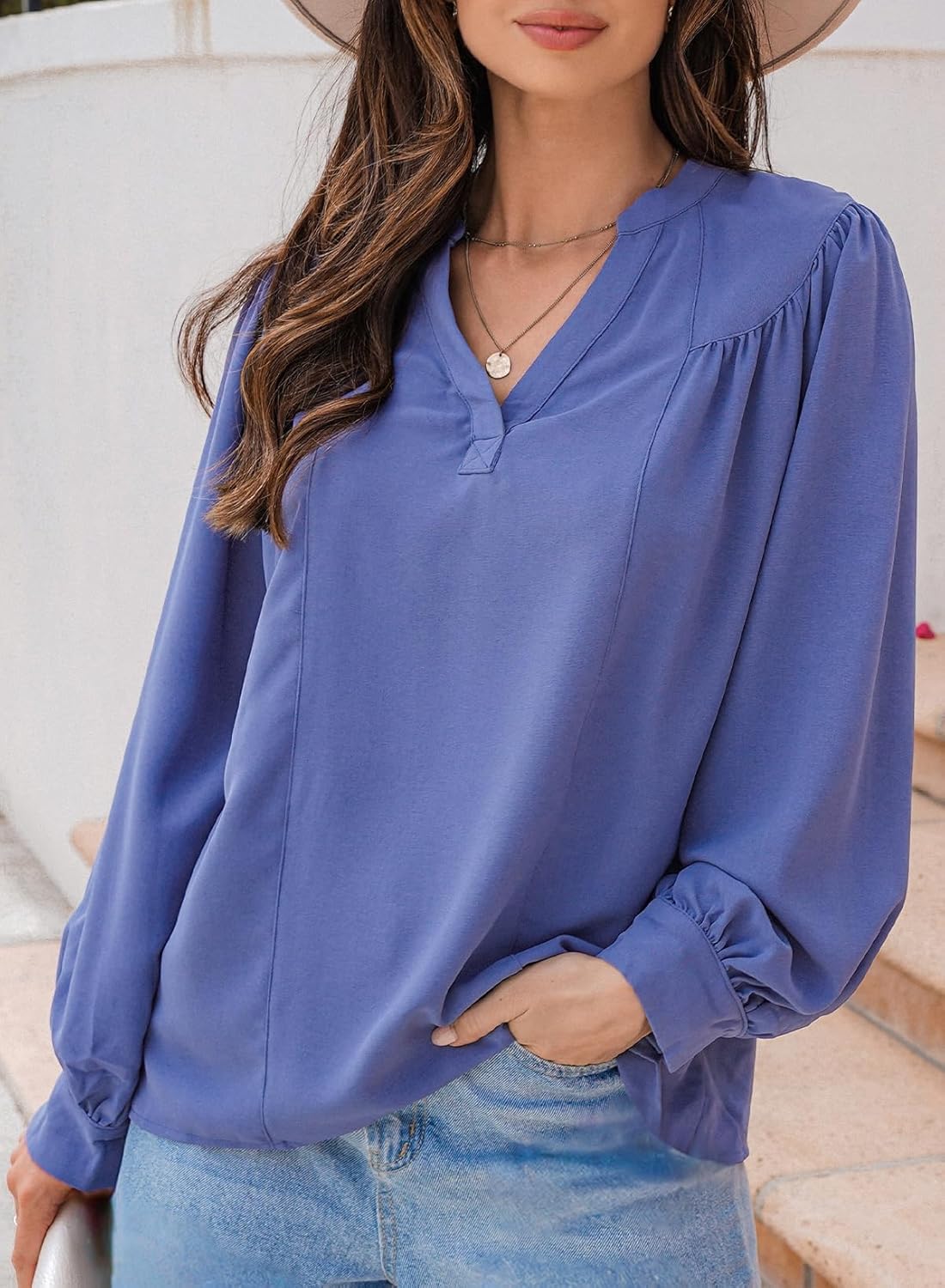 Dokotoo Womens Blouses Tops for Women Trendy V Neck Smocked Blouses for Women Dressy Casual Long Sleeve Shirts - Image 2