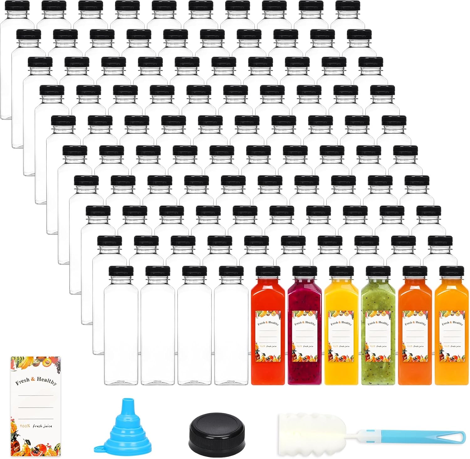 Moretoes 144pcs 16oz Plastic Juice Bottles with Lids, Reusable Clear Bulk Juice Containers with Caps for Juicing, Smoothies, Drinking and Other Beverages