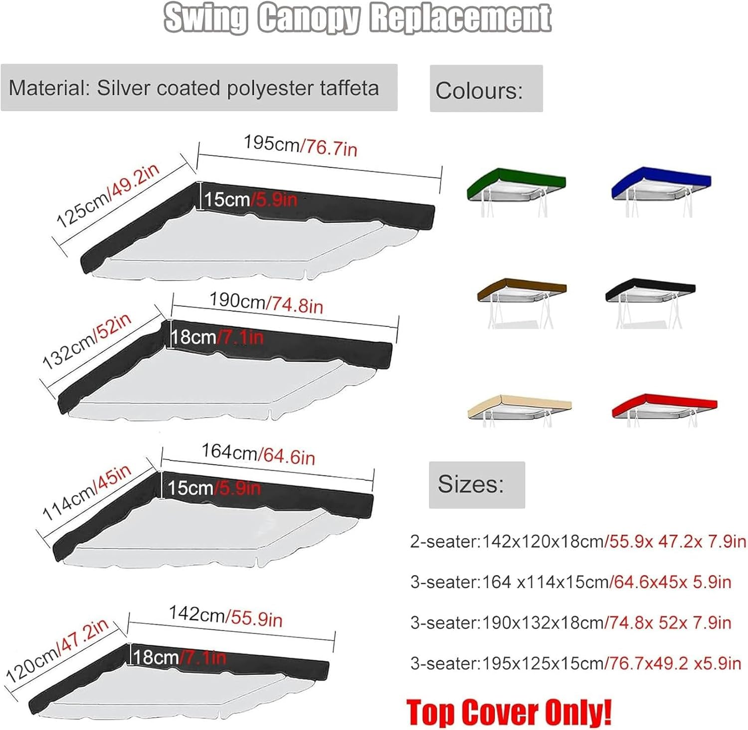 Wzglod 56 65 75 77 Inch Long Canopy Swing Replacement Cover Set, All Weather Protection Sunproof Awning Cloth with Silver Coated for 2/3-Seater-Swing Chair, Garden Hammock Top Cover Decor-Garden