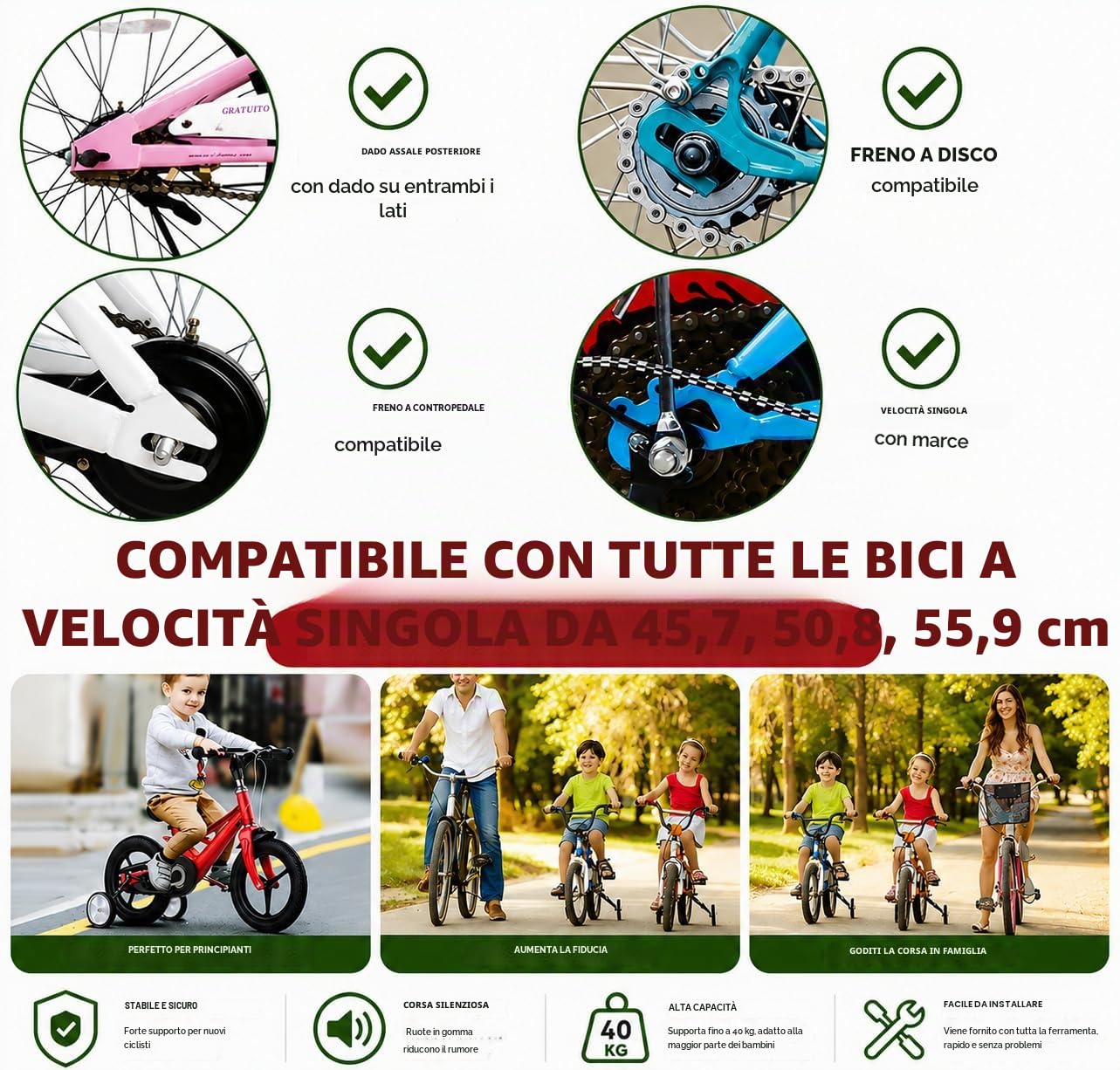 Stabilizzatori per bici per bambini, ruote per allenamento per bicicletta, ruote di supporto universali per biciclette per bambini da 18 20 22 24 pollici (1 paio)