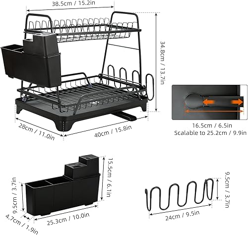 Miniatura 4 de Cousopo Escurridor de platos de acero inoxidable 7, 5, 2, 3, escurridor de platos de gran capacidad de 2 niveles con soporte para utensilios,