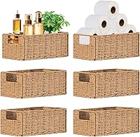 Vista 1 de 6 Pack Small Wicker Baskets, Wicker Woven Storage Basket Toilet Paper Baskets with Handles, Towel Basket for Home Organizing Shelves (Beige)