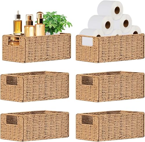 6 Pack Small Wicker Baskets, Wicker Woven Storage Basket Toilet Paper Baskets with Handles, Towel Basket for Home Organizing Shelves (Beige)