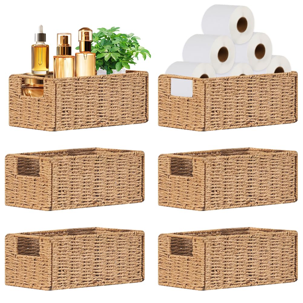 Airsnigi 6 Pack Small Wicker Baskets, Wicker Woven Storage Basket Toilet Paper Baskets with Handles, Towel Basket for Home Organizing Shelves (Beige)