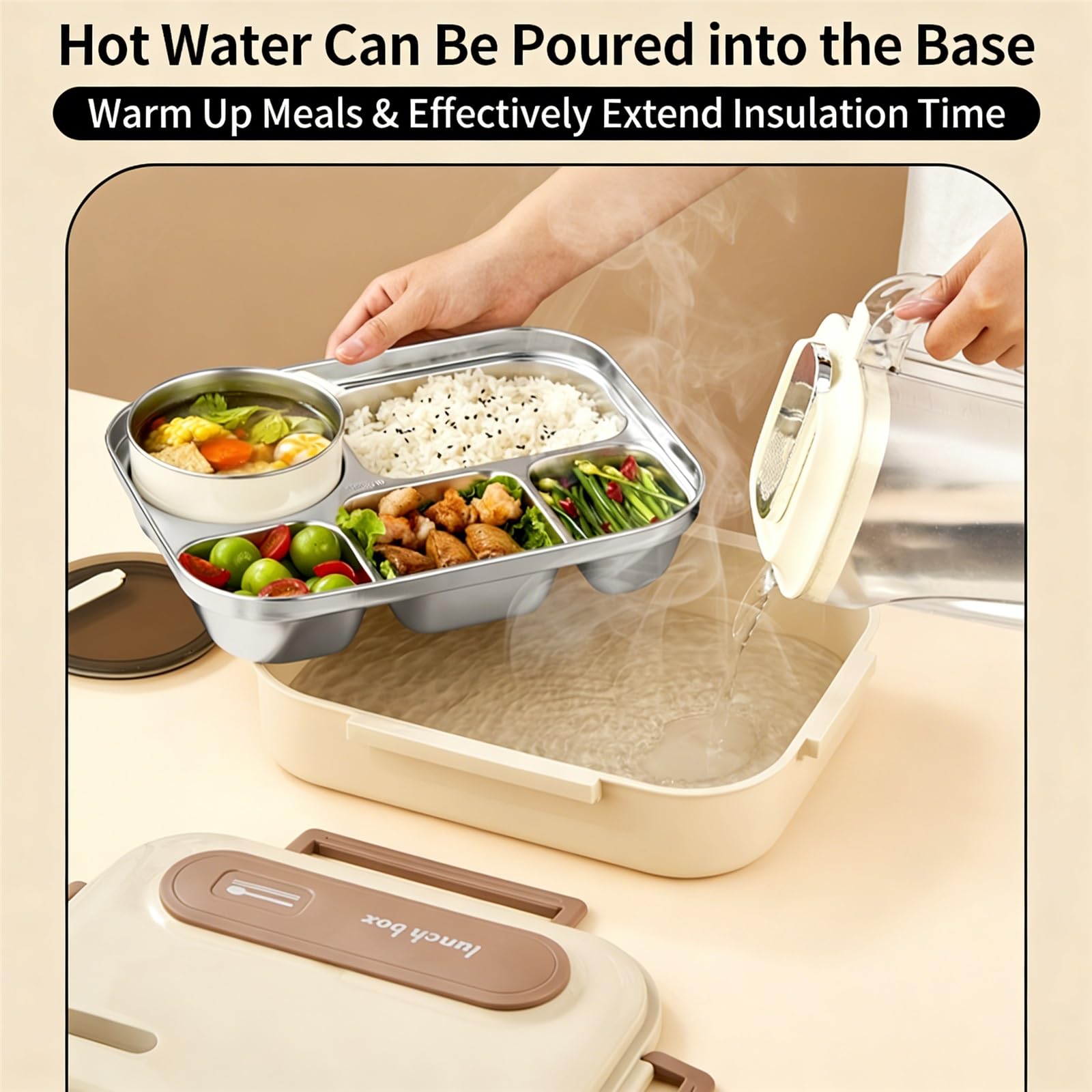 Fiambrera de Acero Inoxidable con Recipiente isotérmico, Incluye tazón para Sopa y Cubiertos.