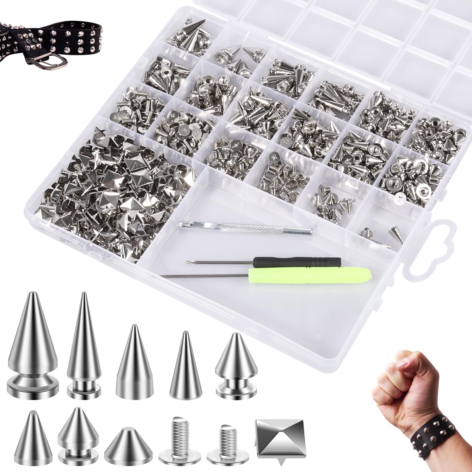 Patnfr Women's Silver 600Pcs Punk Spikes And Studs Kit Zinc Alloy Cone Spike And Stud Rivet Kit 9 Size Metal Leather Tree Spike Assortment Kits Clothing Stud Décor Kits For Clothing Jacket Shoes Wallet