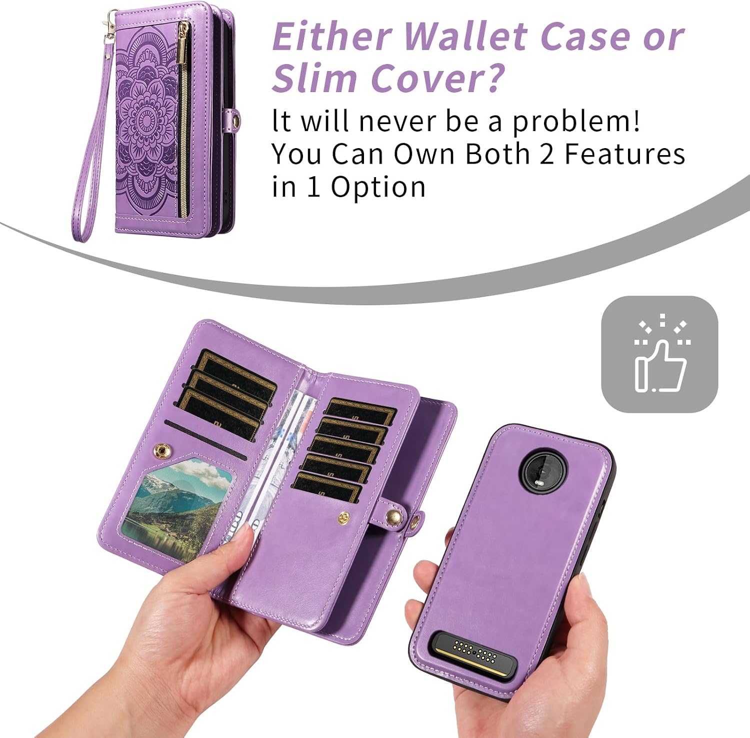 Asuwish Phone Case for Moto Z4/Moto Z 4 Play/MotoZ4 Force Zipper Wallet Magnetic Cell Cover with Screen Protector Strap Flower Card Holder Motorola 4Z Motoz4cases MotoZ4Play XT1980-4 2019 Women Purple