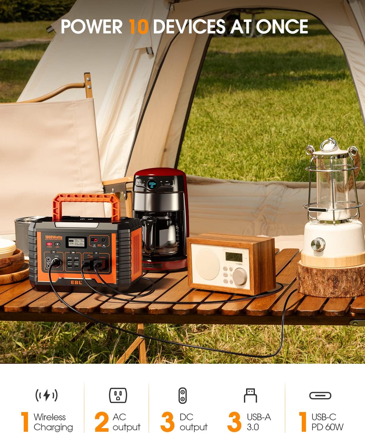 EBL MP1000 powering multiple devices in a camping setting