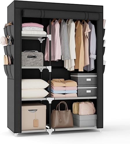 VTRIN Armario portátil, 41.7 pulgadas de ancho para colgar ropa con 1 barra para colgar, 6 estantes, 6 bolsillos, perchero con funda, armario