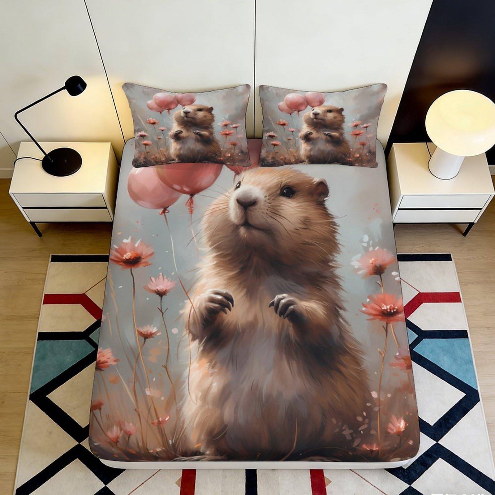 Pnayamiorkfel Style-7 3D Printed Cute Hamster Fitted Sheet Microfiber Soft Floral Balloon Bed Sheet For Bedroom Guest Room Decor 90X200x25cm