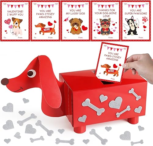 TooyBing Caja del día de San Valentín, paquete de 33 tarjetas de San Valentín para niños, escuela y buzón de cachorro de perro para intercambio de